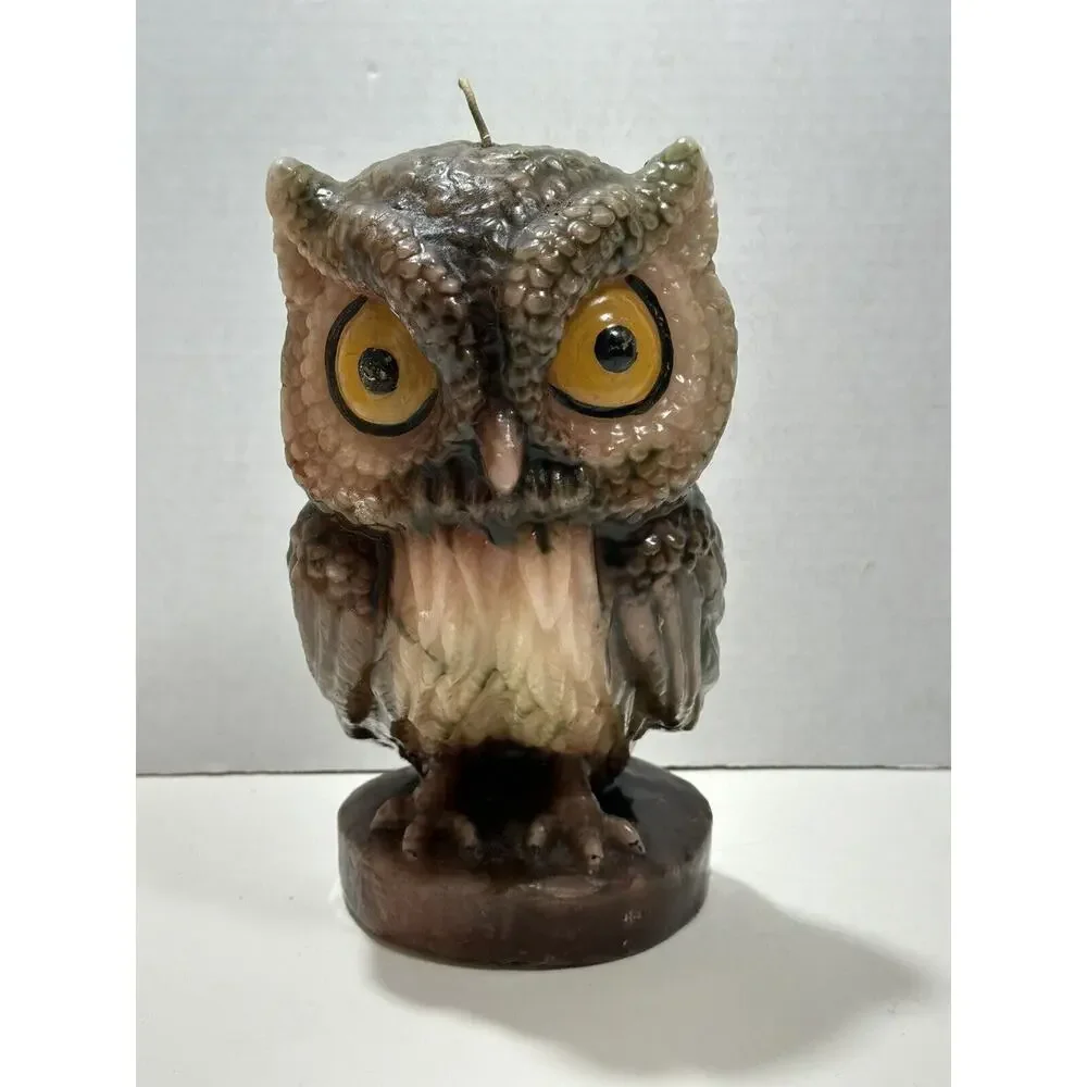 Vintage Large Figural Owl Single Wick Candle‎ Realistic Heavy 9” Brown Large Eye